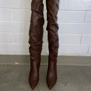 Dark Brown Faux Letter Knee High Heeled Boots